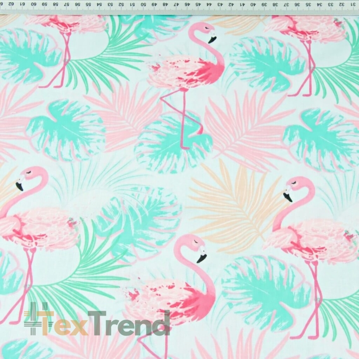 Baumwolle 100% Pastell Flamingos rosa-minze auf hellgrauem Hintergrund  