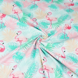 Baumwolle 100% Pastell Flamingos rosa-minze auf hellgrauem Hintergrund  