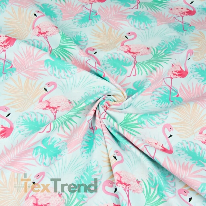 Baumwolle 100% Pastell Flamingos rosa-minze auf hellgrauem Hintergrund  