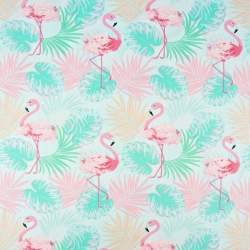 Baumwolle 100% Pastell Flamingos rosa-minze auf hellgrauem Hintergrund  