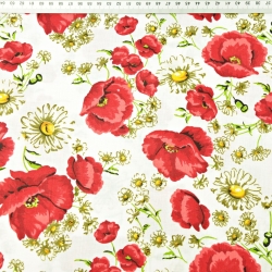 Baumwolle 100% rote Mohnblumen mit Kamille auf weißem Hintergrund - 220cm  