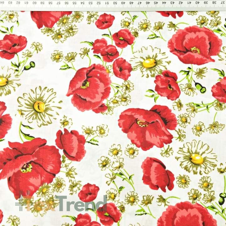 Baumwolle 100% rote Mohnblumen mit Kamille auf weißem Hintergrund - 220cm  