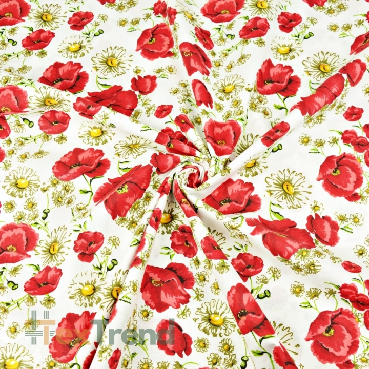 Baumwolle 100% rote Mohnblumen mit Kamille auf weißem Hintergrund - 220cm  