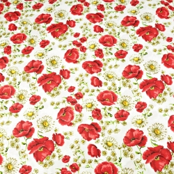 Baumwolle 100% rote Mohnblumen mit Kamille auf weißem Hintergrund - 220cm  