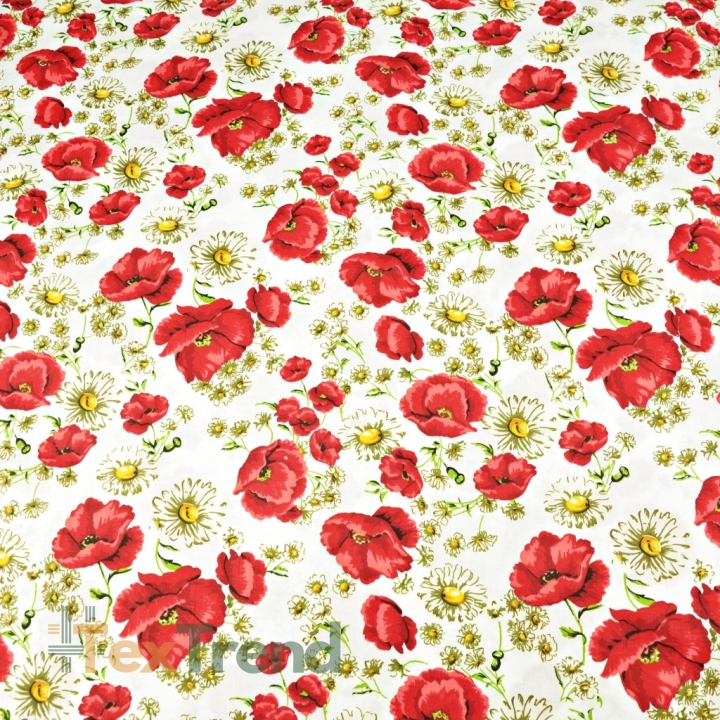 Baumwolle 100% rote Mohnblumen mit Kamille auf weißem Hintergrund - 220cm  