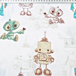 Baumwolle 100% gezeichnete Roboter türkis-braun auf weißem Hintergrund  