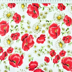 Baumwolle 100% Mohnblumen rot mit Kamille auf weißem Hintergrund  