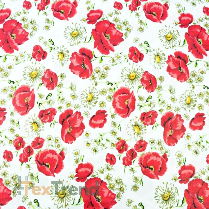 Baumwolle 100% Mohnblumen rot mit Kamille auf weißem Hintergrund  