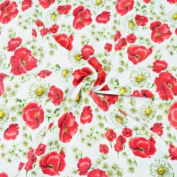 Baumwolle 100% Mohnblumen rot mit Kamille auf weißem Hintergrund  