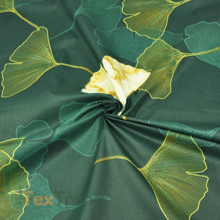 Baumwolle 100% Ginkgo-Blätter auf dunkelgrünem Hintergrund  
