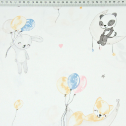 Baumwolle 100% schlafende Tiere auf Monden mit Ballons auf weißem Hintergrund