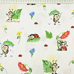 Baumwolle 100% Marienkäfer mit Blumen auf weißem Hintergrund  