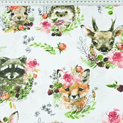 100% Baumwolle Waldtiere in bunten Kränzen auf weißem Hintergrund  