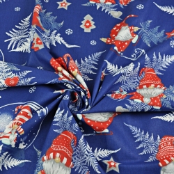 Baumwolle 100% Weihnachtsmuster Wichtel mit Farnblättern auf marineblauem Hintergrund  