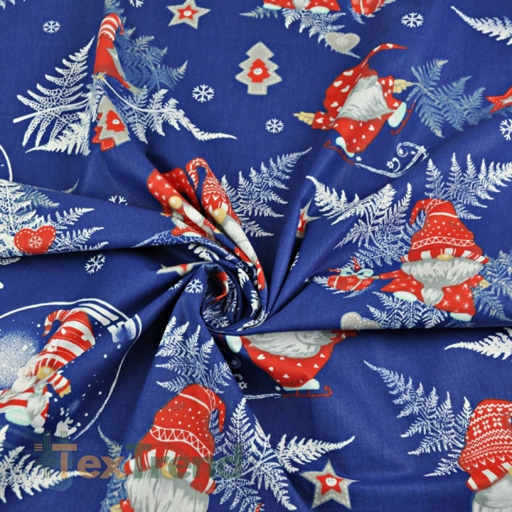 Baumwolle 100% Weihnachtsmuster Wichtel mit Farnblättern auf marineblauem Hintergrund  