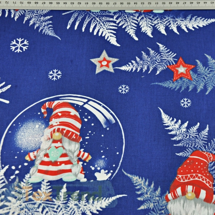 Baumwolle 100% Weihnachtsmuster Wichtel mit Farnblättern auf marineblauem Hintergrund  