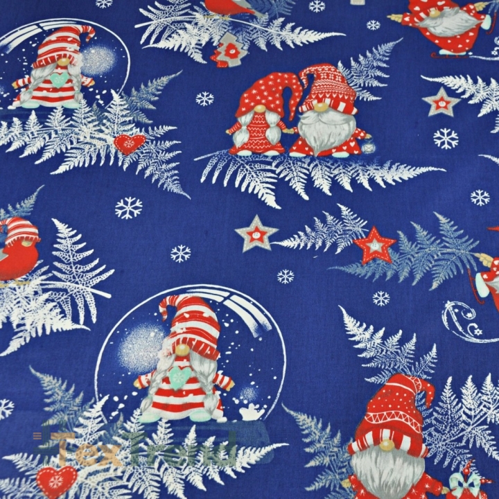 Baumwolle 100% Weihnachtsmuster Wichtel mit Farnblättern auf marineblauem Hintergrund  