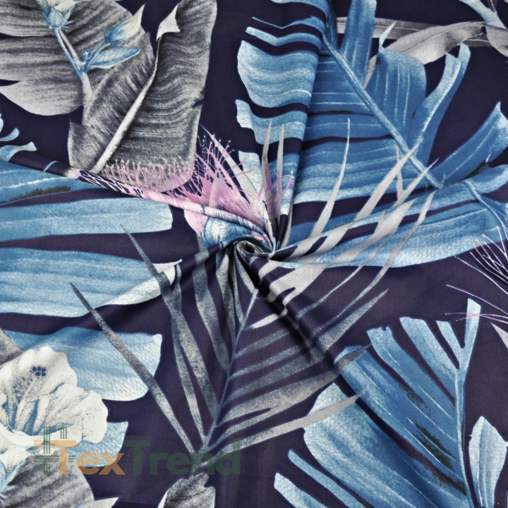 Baumwolle 100% Seerosen rosa-blau auf marineblauem Hintergrund  