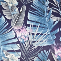 Baumwolle 100% Seerosen rosa-blau auf marineblauem Hintergrund  