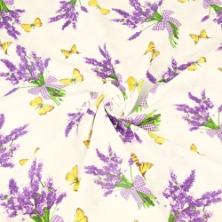 Baumwolle 100% Lavendelblumen mit Schmetterlingen auf ecrufarbenem Hintergrund  