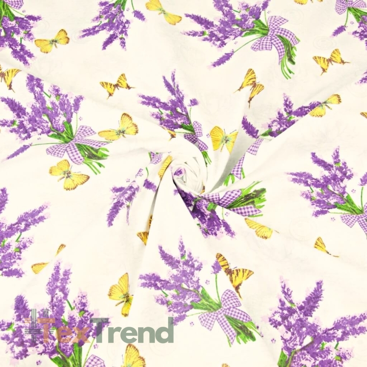 Baumwolle 100% Lavendelblumen mit Schmetterlingen auf ecrufarbenem Hintergrund  