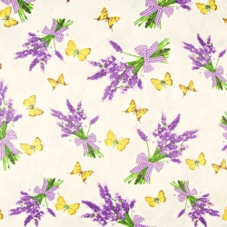 Baumwolle 100% Lavendelblumen mit Schmetterlingen auf ecrufarbenem Hintergrund  