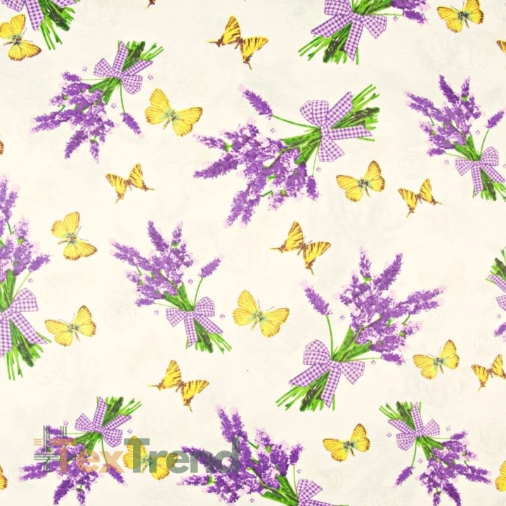 Baumwolle 100% Lavendelblumen mit Schmetterlingen auf ecrufarbenem Hintergrund  