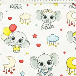 Baumwolle 100% bunte Elefanten mit Wolken auf weißem Hintergrund  