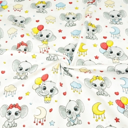 Baumwolle 100% bunte Elefanten mit Wolken auf weißem Hintergrund  