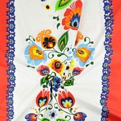 Baumwolle 100% Łowicz Muster Tischläufer mit rotem Rand auf weißem Hintergrund  