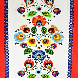 Baumwolle 100% Łowicz Muster Tischläufer mit rotem Rand auf weißem Hintergrund  