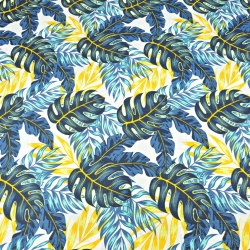 Baumwolle 100% gelb-blaue Blätter auf weißem Hintergrund - 220cm  