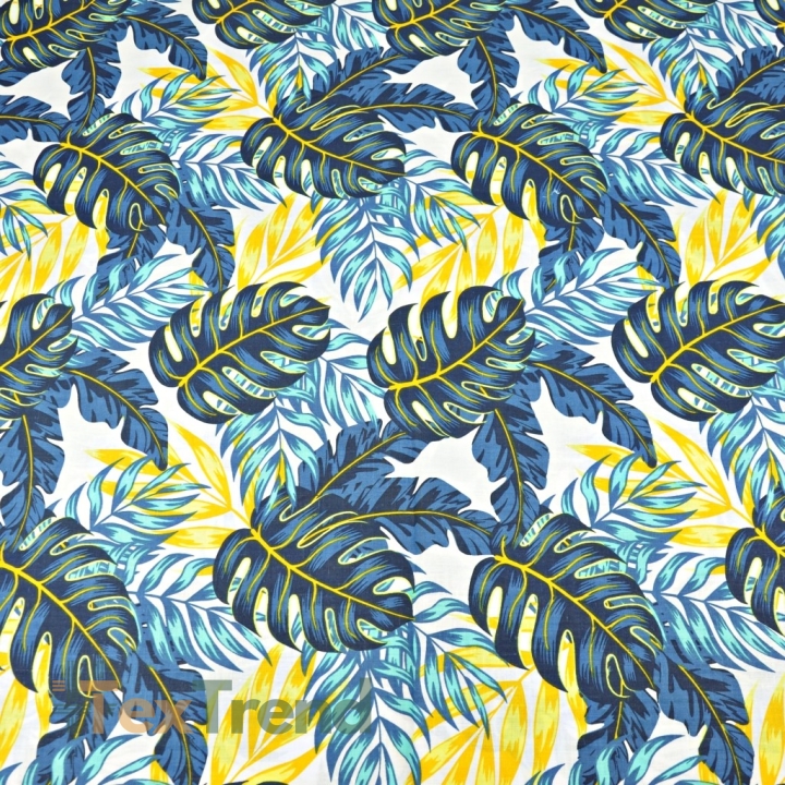 Baumwolle 100% gelb-blaue Blätter auf weißem Hintergrund - 220cm  