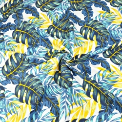 Baumwolle 100% gelb-blaue Blätter auf weißem Hintergrund - 220cm  