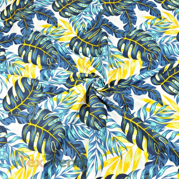 Baumwolle 100% gelb-blaue Blätter auf weißem Hintergrund - 220cm  