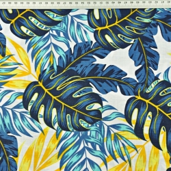 Baumwolle 100% gelb-blaue Blätter auf weißem Hintergrund - 220cm  