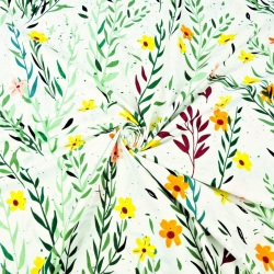 100% Baumwolle Blümchen und Zweige mit gelb-orangefarbenen Blüten auf ecrufarbenem Hintergrund - 220cm  