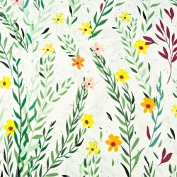 100% Baumwolle Blümchen und Zweige mit gelb-orangefarbenen Blüten auf ecrufarbenem Hintergrund - 220cm  