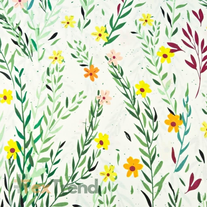100% Baumwolle Blümchen und Zweige mit gelb-orangefarbenen Blüten auf ecrufarbenem Hintergrund - 220cm  