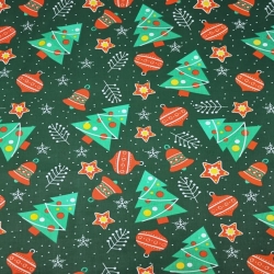 Baumwolle 100% Weihnachtsmuster Tannenbäume mit Kugeln auf dunkelgrünem Hintergrund  