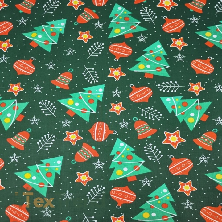 Baumwolle 100% Weihnachtsmuster Tannenbäume mit Kugeln auf dunkelgrünem Hintergrund  