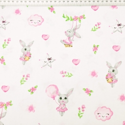 Baumwolle 100% rosa Kaninchen mit Wolken auf weißem Hintergrund  