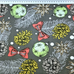 Baumwolle 100% Weihnachtsmuster Kugeln und Tannenzapfen auf dunkelgrauem Hintergrund  