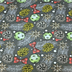 Baumwolle 100% Weihnachtsmuster Kugeln und Tannenzapfen auf dunkelgrauem Hintergrund  