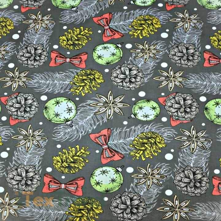 Baumwolle 100% Weihnachtsmuster Kugeln und Tannenzapfen auf dunkelgrauem Hintergrund  