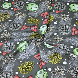 Baumwolle 100% Weihnachtsmuster Kugeln und Tannenzapfen auf dunkelgrauem Hintergrund  