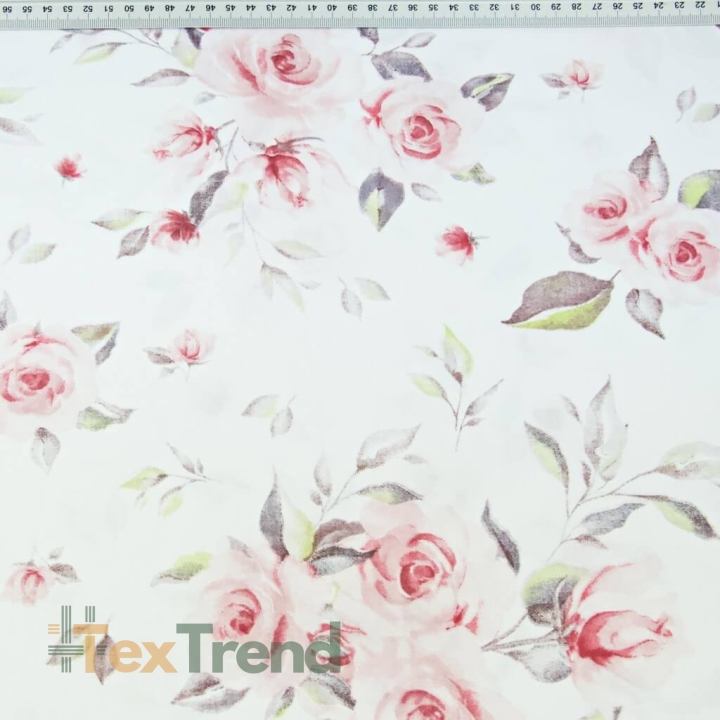 100% Baumwolle pudrige und schmutzig-rosafarbene Rosen auf weißem Hintergrund  
