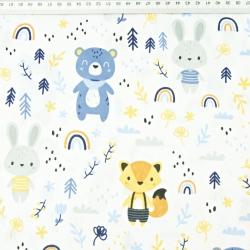 Baumwolle 100% Tiere blau mit Regenbögen auf weißem Hintergrund  