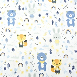 Baumwolle 100% Tiere blau mit Regenbögen auf weißem Hintergrund  