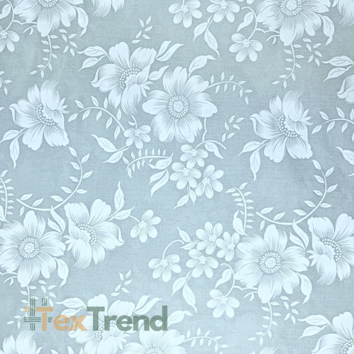 Baumwolle 100% weiße Blumen auf hellgrauem Hintergrund  